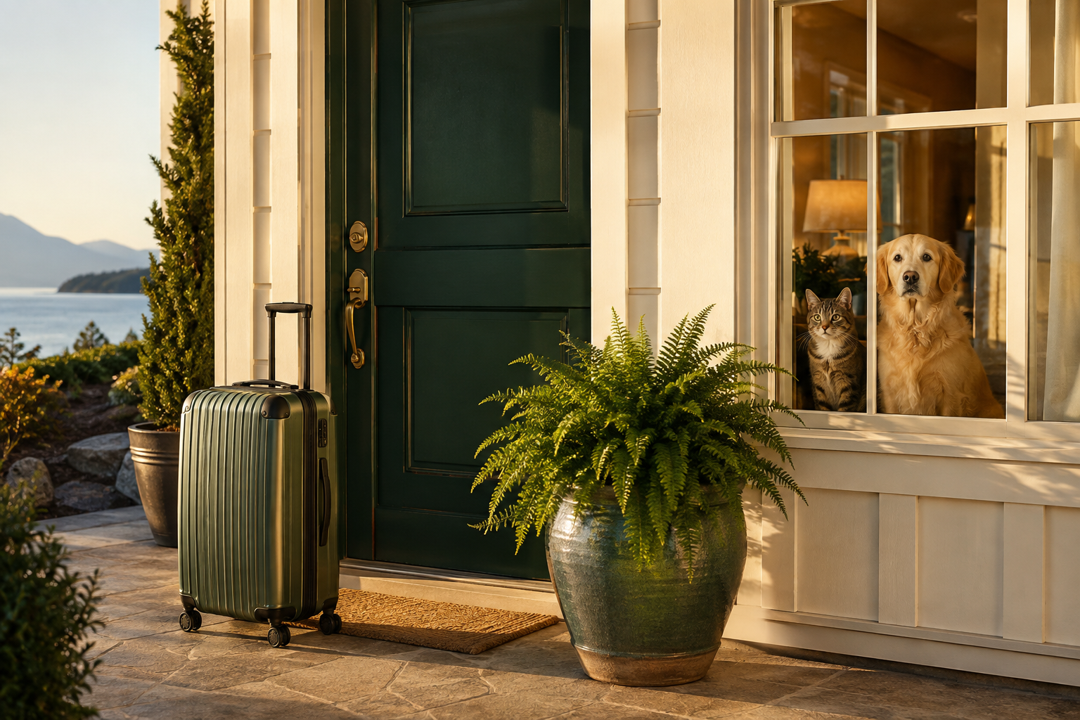 A green suitcase by the dark green front door of a coastal home, with a golden retriever and a tabby cat looking out the window beside a potted fern.